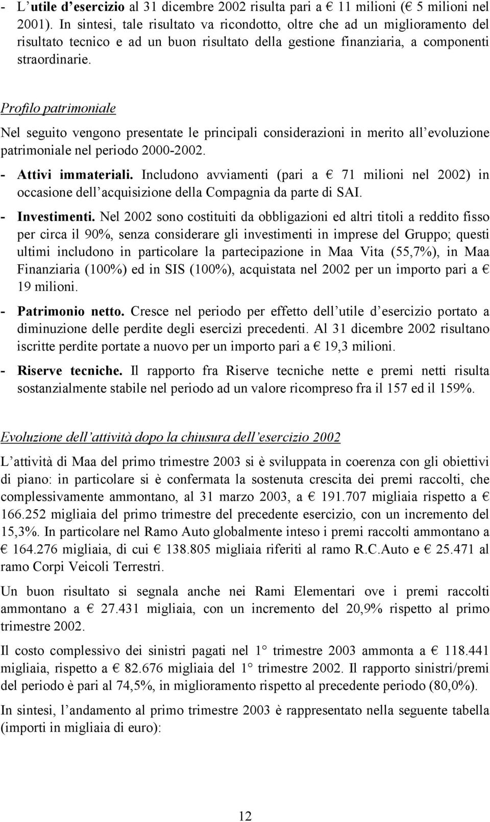 Profilo patrimoniale Nel seguito vengono presentate le principali considerazioni in merito all evoluzione patrimoniale nel periodo 2000-2002. - Attivi immateriali.