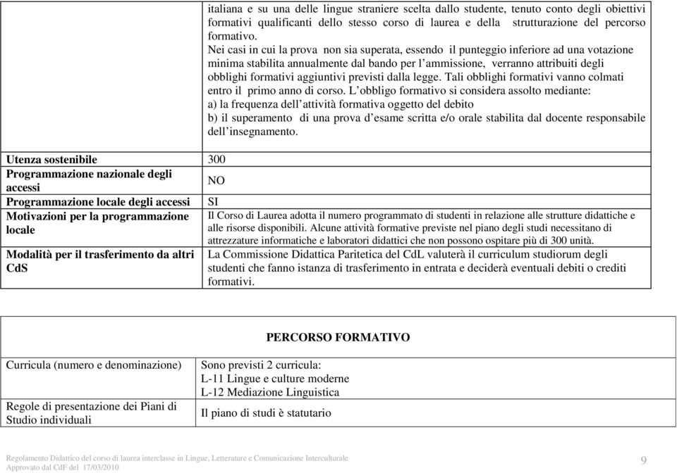 aggiuntivi previsti dalla legge. Tali obblighi formativi vanno colmati entro il primo anno di corso.