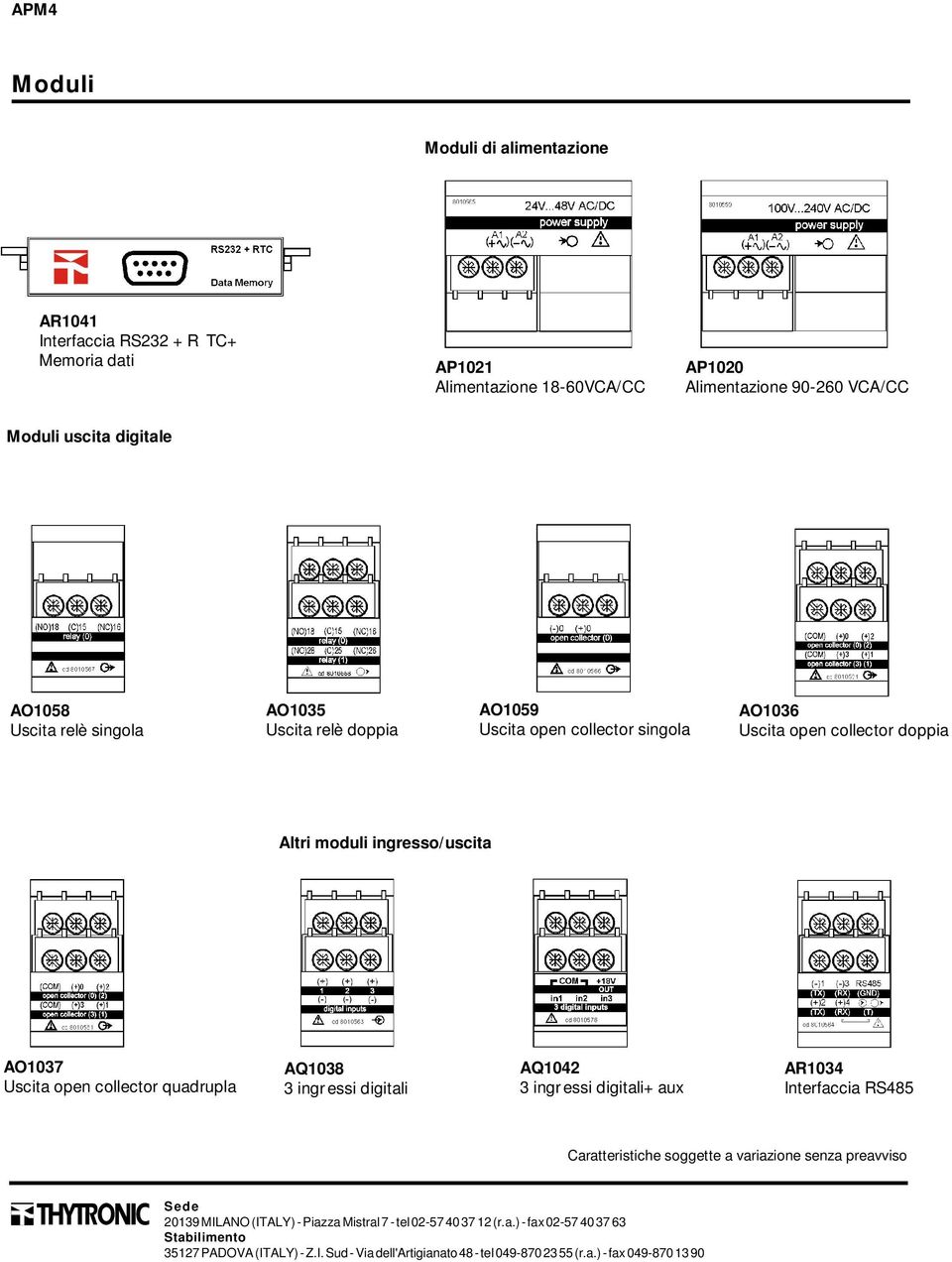 quadrupla AQ1038 3 ingr essi digitali AQ1042 3 ingr essi digitali+ aux AR1034 Interfaccia RS485 Caratteristiche soggette a variazione senza preavviso Sede 20139 MILANO (ITALY) -