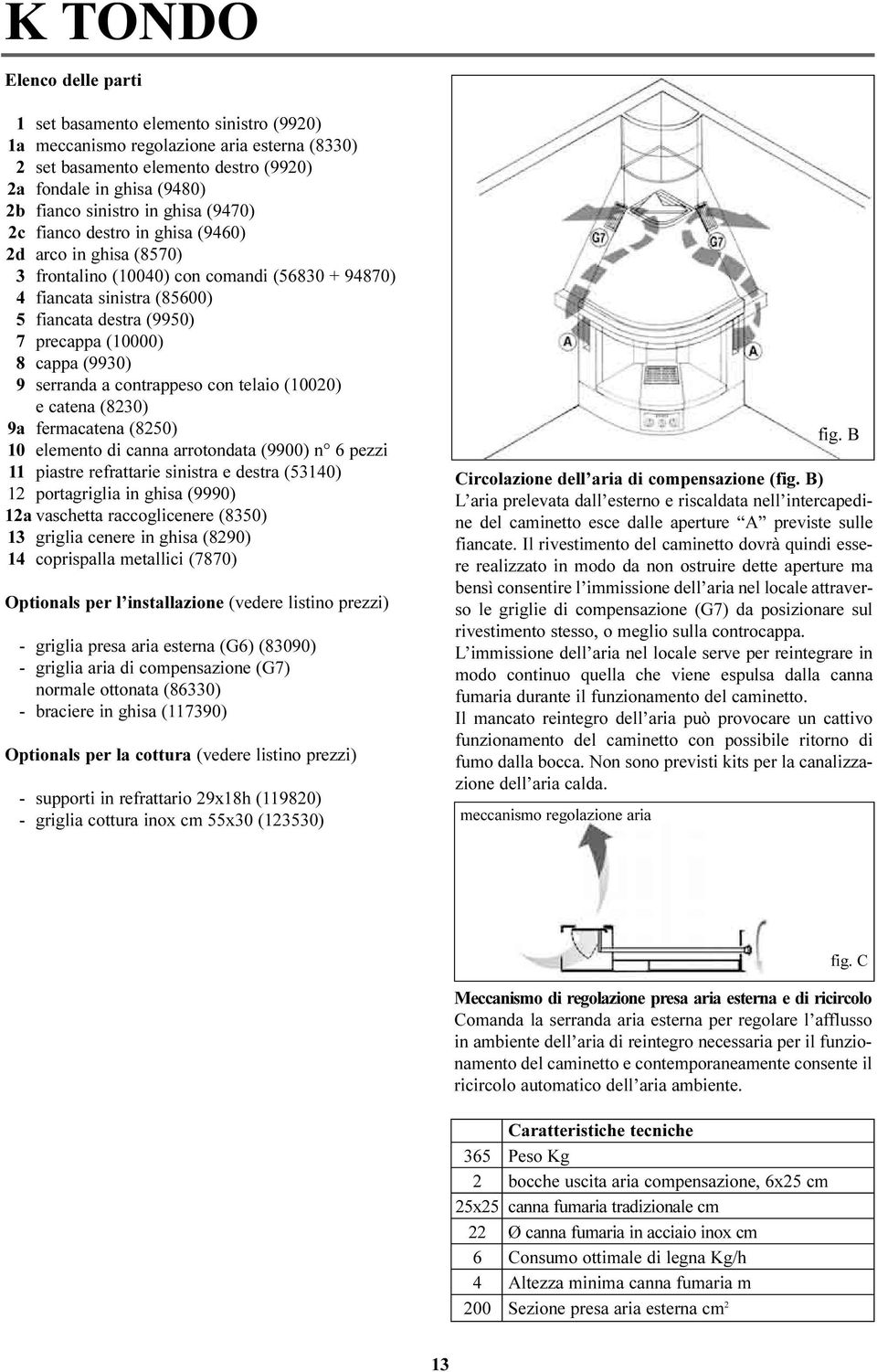 cappa (9930) 9 serranda a contrappeso con telaio (10020) e catena (8230) 9a fermacatena (8250) 10 elemento di canna arrotondata (9900) n 6 pezzi 11 piastre refrattarie sinistra e destra (53140) 12