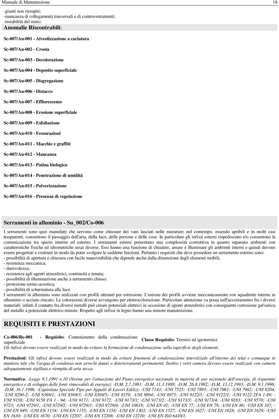 Sc-007/An-007 - Efflorescenze Sc-007/An-008 - Erosione superficiale Sc-007/An-009 - Esfoliazione Sc-007/An-010 - Fessurazioni Sc-007/An-011 - Macchie e graffiti Sc-007/An-012 - Mancanza Sc-007/An-013