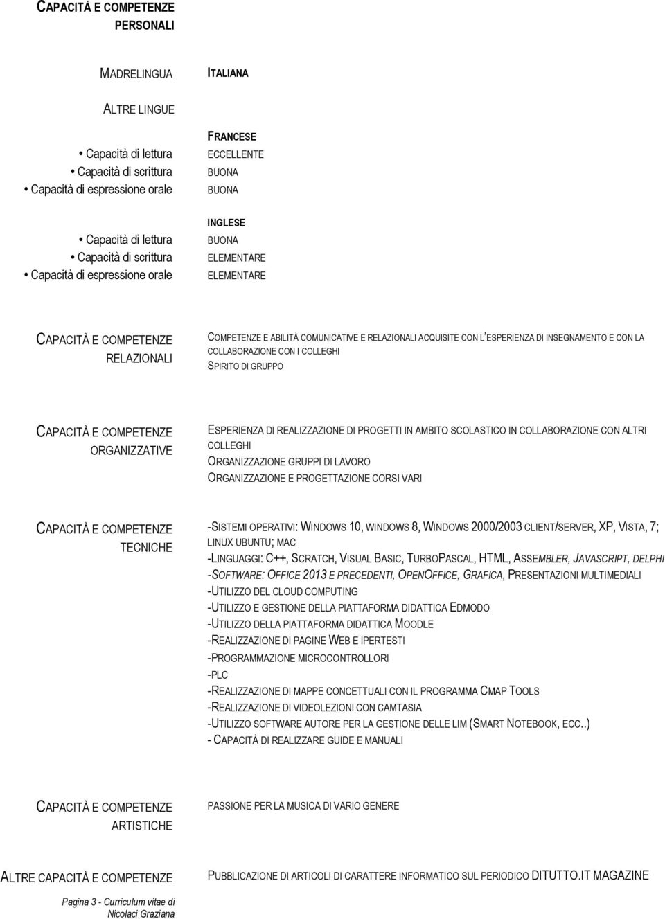 INSEGNAMENTO E CON LA COLLABORAZIONE CON I COLLEGHI SPIRITO DI GRUPPO CAPACITÀ E COMPETENZE ORGANIZZATIVE ESPERIENZA DI REALIZZAZIONE DI PROGETTI IN AMBITO SCOLASTICO IN COLLABORAZIONE CON ALTRI