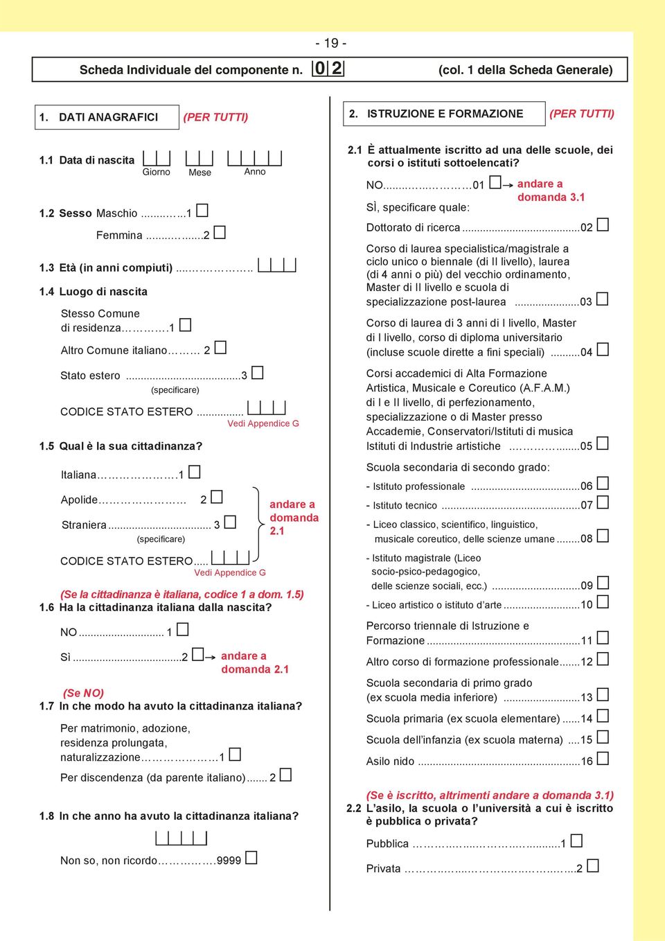 1 (Se l cittdinnz è itlin, codice 1 dom. 1.5) 1.6 H l cittdinnz itlin dll nscit? NO... 1 m Sì...2 m f 2.1 (Se NO) 1.7 In che modo h vuto l cittdinnz itlin?