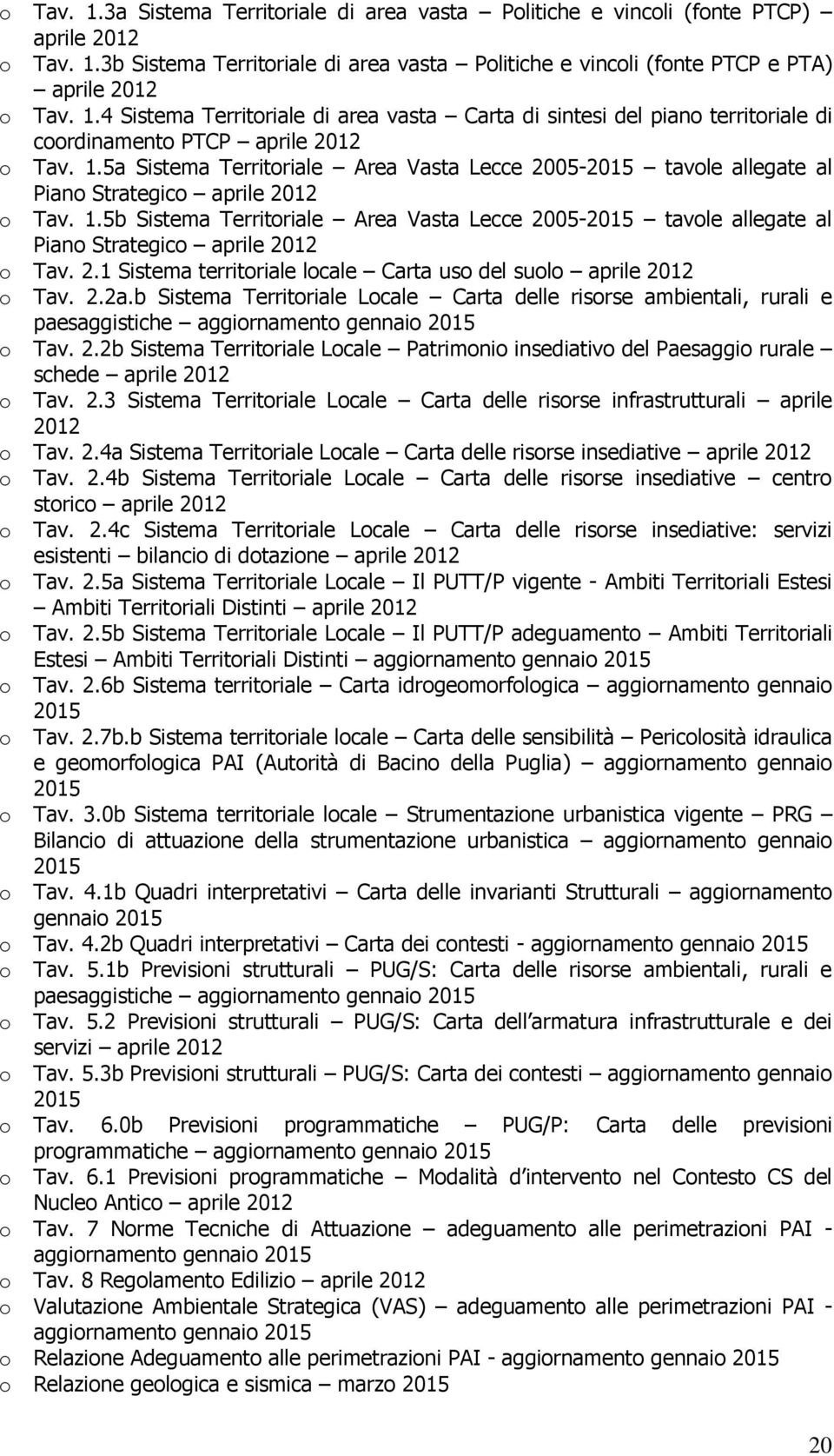 5b Sistema Territoriale Area Vasta Lecce 2005-2015 tavole allegate al Piano Strategico aprile 2012 o Tav. 2.1 Sistema territoriale locale Carta uso del suolo aprile 2012 o Tav. 2.2a.