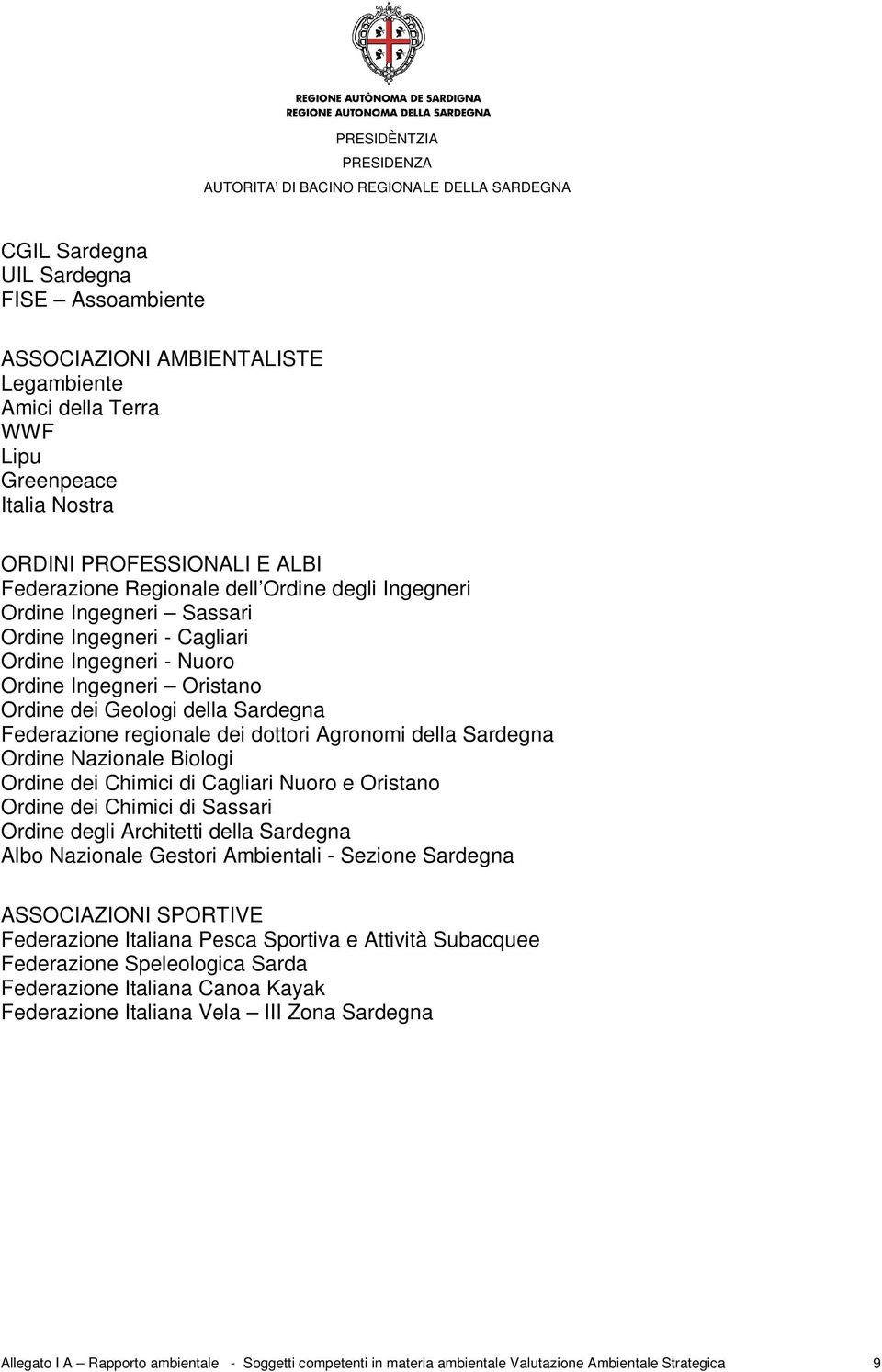 della Sardegna Ordine Nazionale Biologi Ordine dei Chimici di Cagliari Nuoro e Oristano Ordine dei Chimici di Sassari Ordine degli Architetti della Sardegna Albo Nazionale Gestori Ambientali -