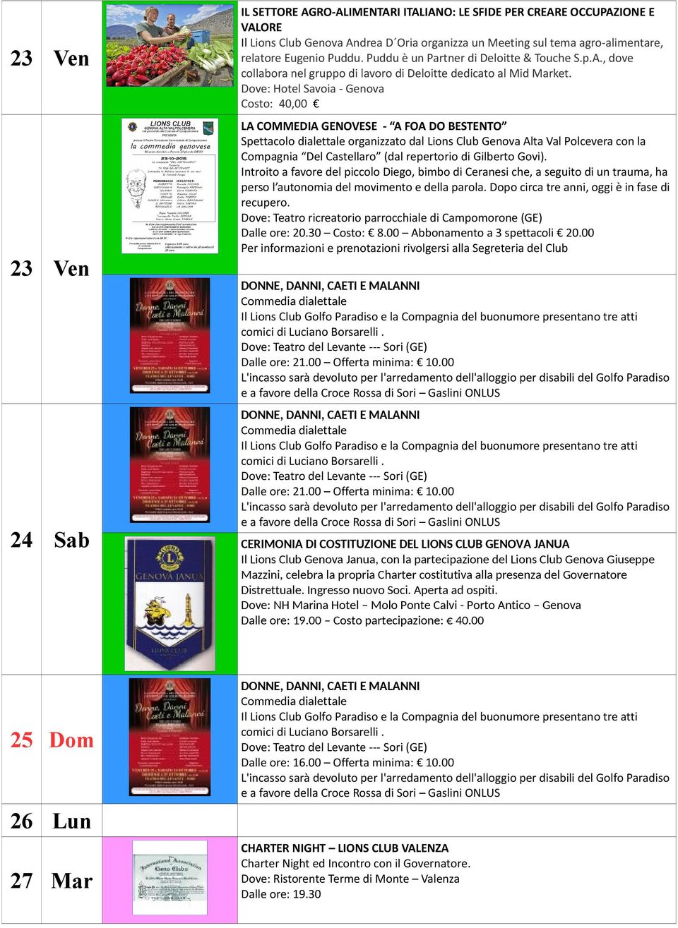 Dove: Hotel Savoia - Genova Costo: 40,00 LA COMMEDIA GENOVESE - A FOA DO BESTENTO Spettacolo dialettale organizzato dal Lions Club Genova Alta Val Polcevera con la Compagnia Del Castellaro (dal