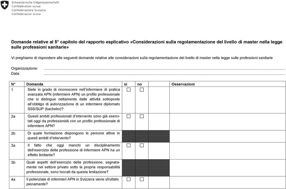 .. N Domanda sì no Osservazioni 1 Siete in grado di riconoscere nell infermiere di pratica avanzata APN (infermiere APN) un profilo professionale che si distingue nettamente dalle attività sottoposte