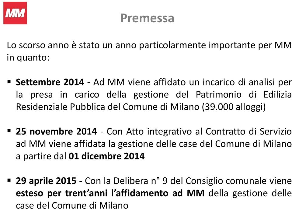 000 alloggi) 25 novembre 2014 - Con Atto integrativo al Contratto di Servizio ad MM viene affidata la gestione delle case del Comune di Milano a