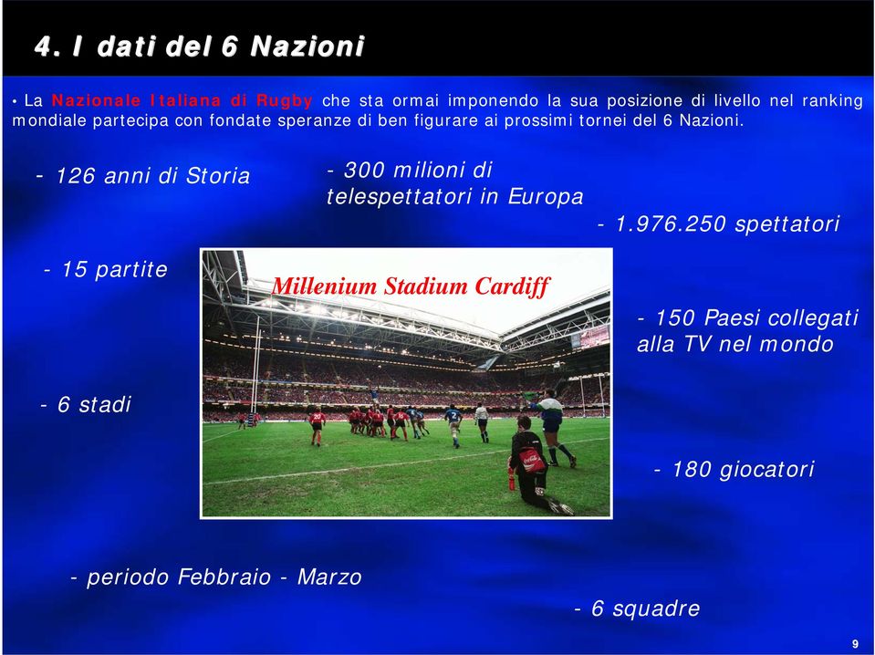 - 126 anni di Storia - 15 partite - 300 milioni di telespettatori in Europa Millenium Stadium Cardiff - 1.976.