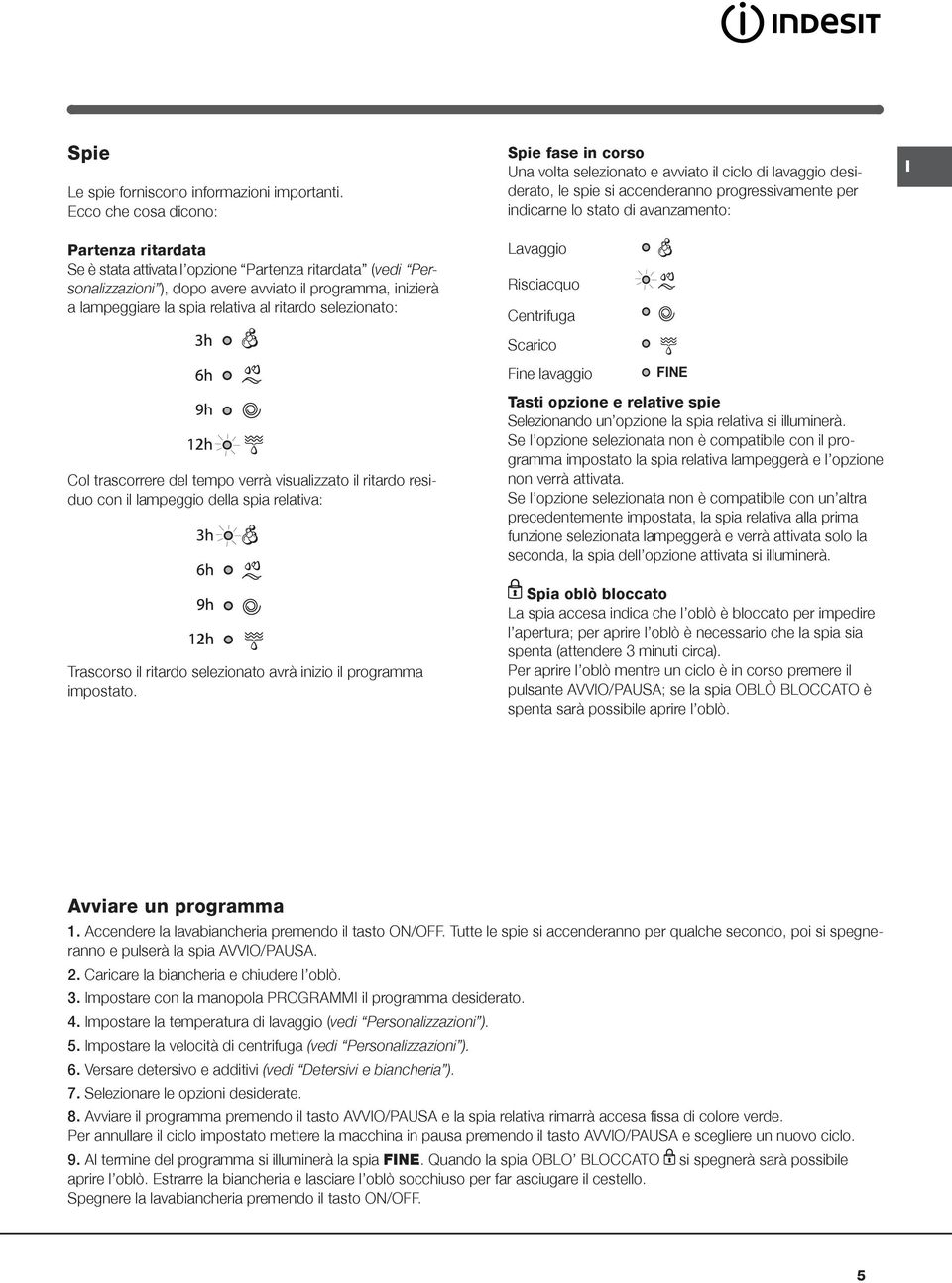 ritardo selezionato: Spie fase in corso Una volta selezionato e avviato il ciclo di lavaggio desiderato, le spie si accenderanno progressivamente per indicarne lo stato di avanzamento: Lavaggio