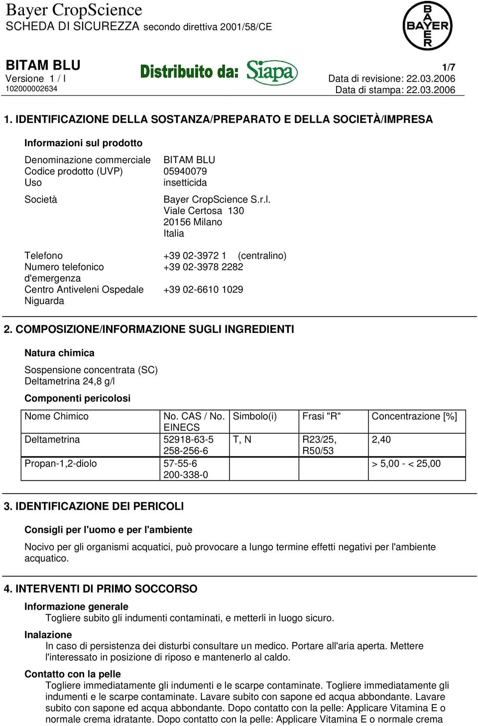 S.r.l. Viale Certosa 130 20156 Milano Italia Telefono +39 02-3972 1 (centralino) Numero telefonico +39 02-3978 2282 d'emergenza Centro Antiveleni Ospedale +39 02-6610 1029 Niguarda 2.