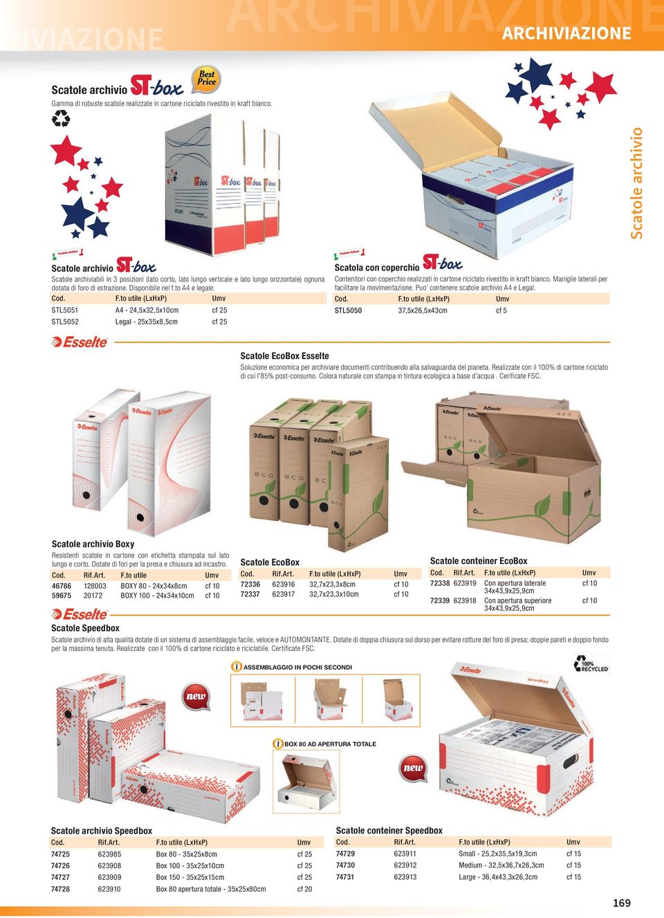 Cod. F.to utile (LxHxP) Umv STL5051 A4-24,5x32,5x10cm cf 25 STL5052 Legal - 25x35x8,5cm cf 25 Scatola con coperchio Contenitori con coperchio realizzati in cartone riciclato rivestito in kraft bianco.