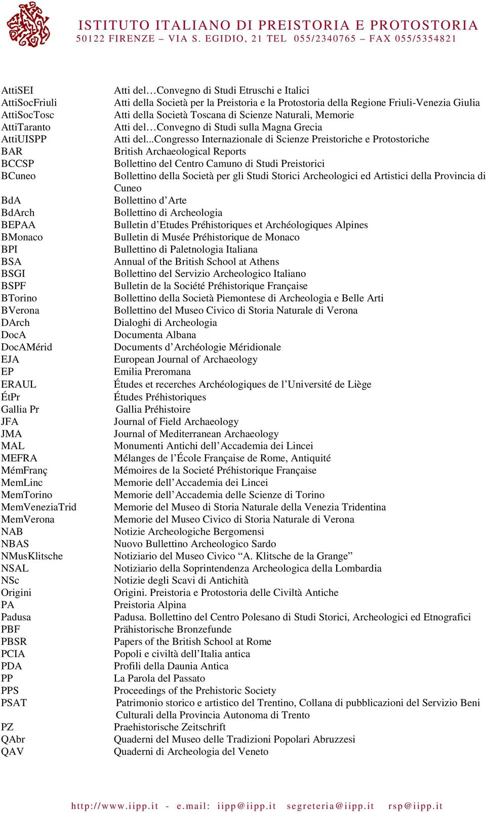 Società per la Preistoria e la Protostoria della Regione Friuli-Venezia Giulia Atti della Società Toscana di Scienze Naturali, Memorie Atti del Convegno di Studi sulla Magna Grecia Atti del.