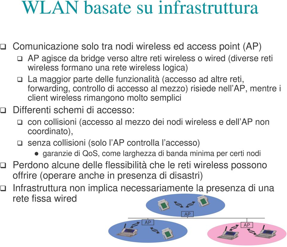 di accesso: con collisioni (accesso al mezzo dei nodi wireless e dell AP non coordinato), senza collisioni (solo l AP controlla l accesso) garanzie di QoS, come larghezza di banda minima per certi