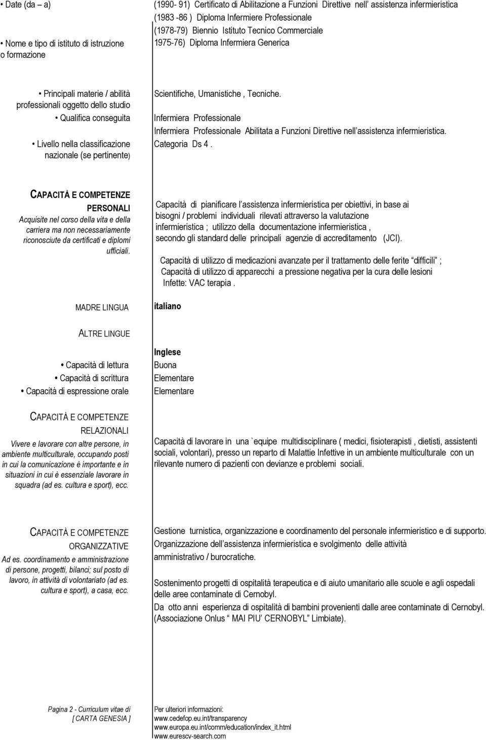 nazionale (se pertinente) Scientifiche, Umanistiche, Tecniche. Infermiera Professionale Infermiera Professionale Abilitata a Funzioni Direttive nell assistenza infermieristica. Categoria Ds 4.