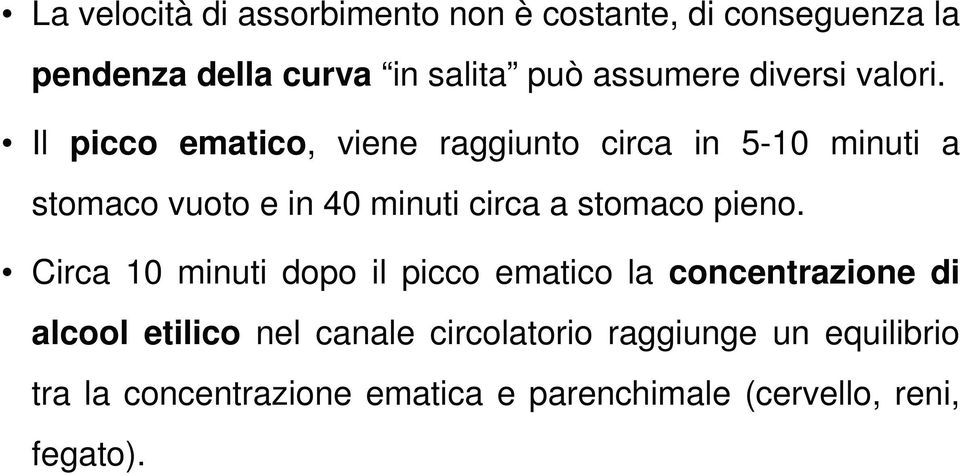 Il picco ematico, viene raggiunto circa in 5-10 minuti a stomaco vuoto e in 40 minuti circa a stomaco