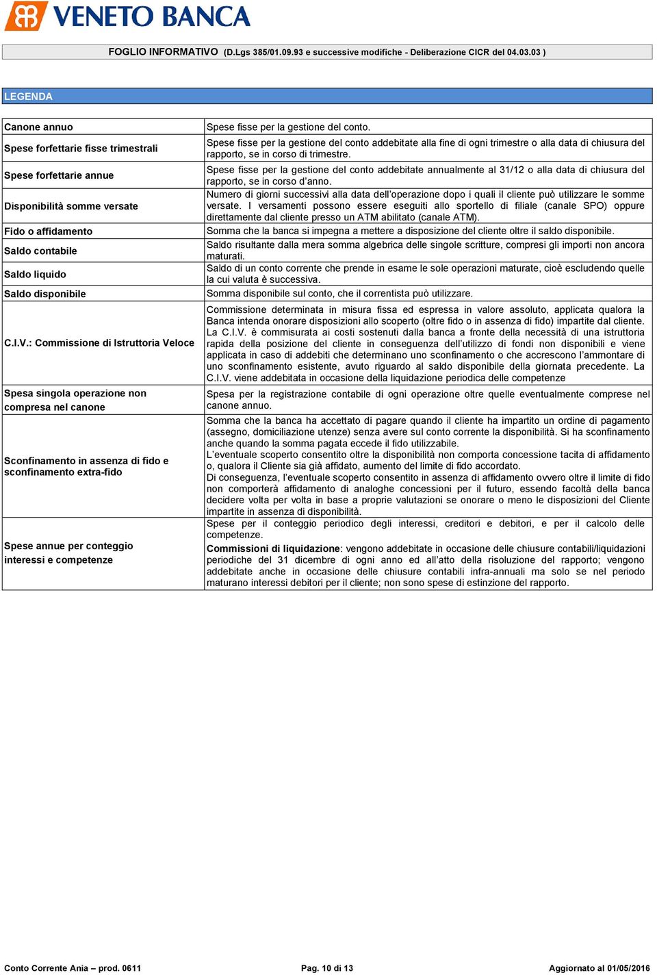 fisse per la gestione del conto. Spese fisse per la gestione del conto addebitate alla fine di ogni trimestre o alla data di chiusura del rapporto, se in corso di trimestre.