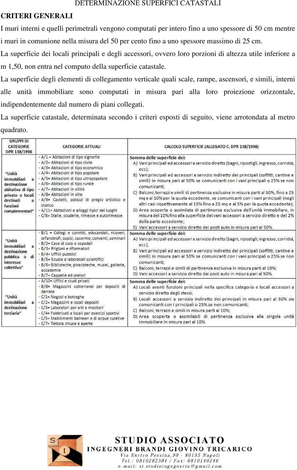 La superficie dei locali principali e degli accessori, ovvero loro porzioni di altezza utile inferiore a m 1,50, non entra nel computo della superficie catastale.