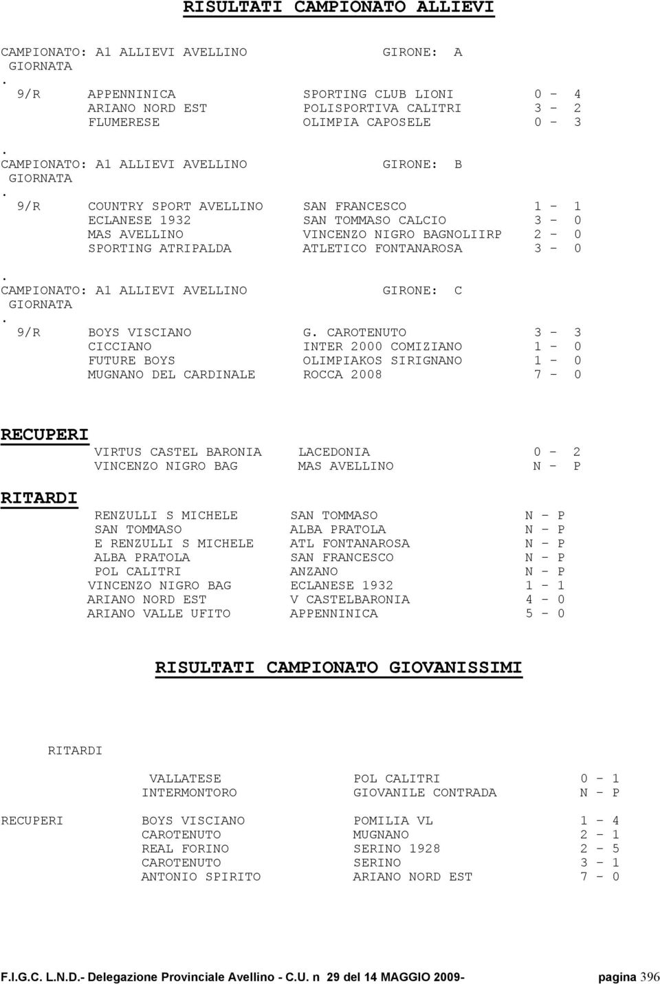 CAMPIONATO: A1 ALLIEVI AVELLINO GIRONE: C 9/R BOYS VISCIANO G CAROTENUTO 3-3 CICCIANO INTER 2000 COMIZIANO 1-0 FUTURE BOYS OLIMPIAKOS SIRIGNANO 1-0 MUGNANO DEL CARDINALE ROCCA 2008 7-0 RECUPERI