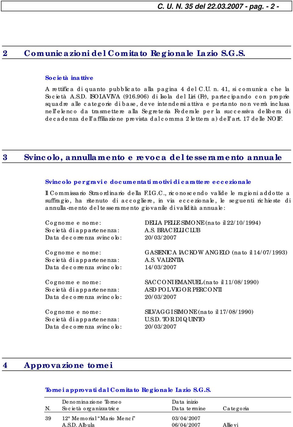 906) di Isola del Liri (Fr), partecipando con proprie squadre alle categorie di base, deve intendersi attiva e pertanto non verrà inclusa nell elenco da trasmettere alla Segreteria Federale per la