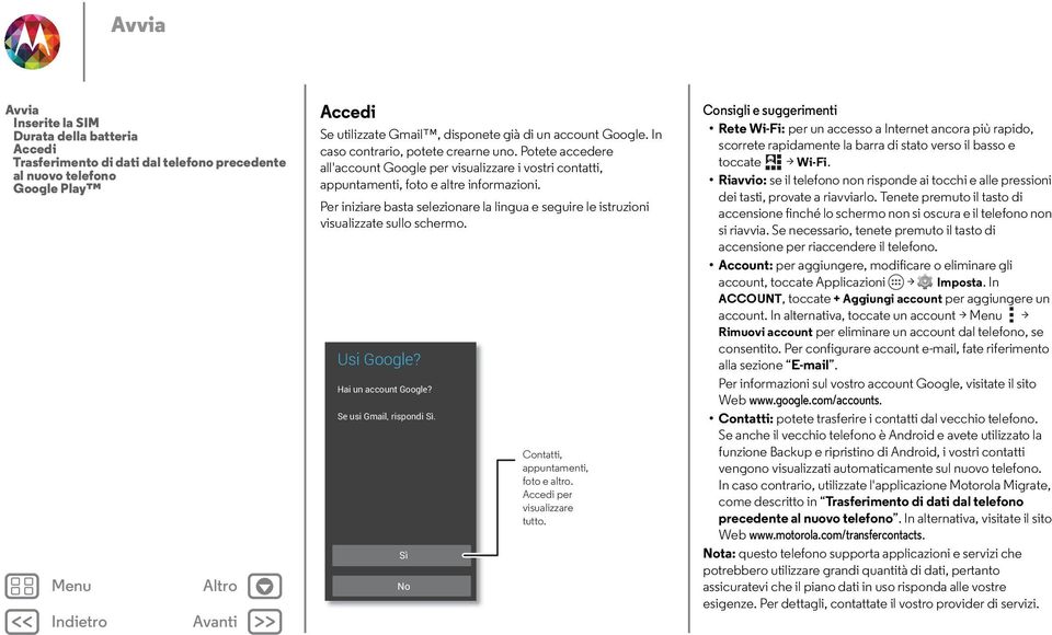 Per iniziare basta selezionare la lingua e seguire le istruzioni visualizzate sullo schermo. Usi Google? Hai un account Google? Se usi Gmail, rispondi Sì. Sì No Contatti, appuntamenti, foto e altro.