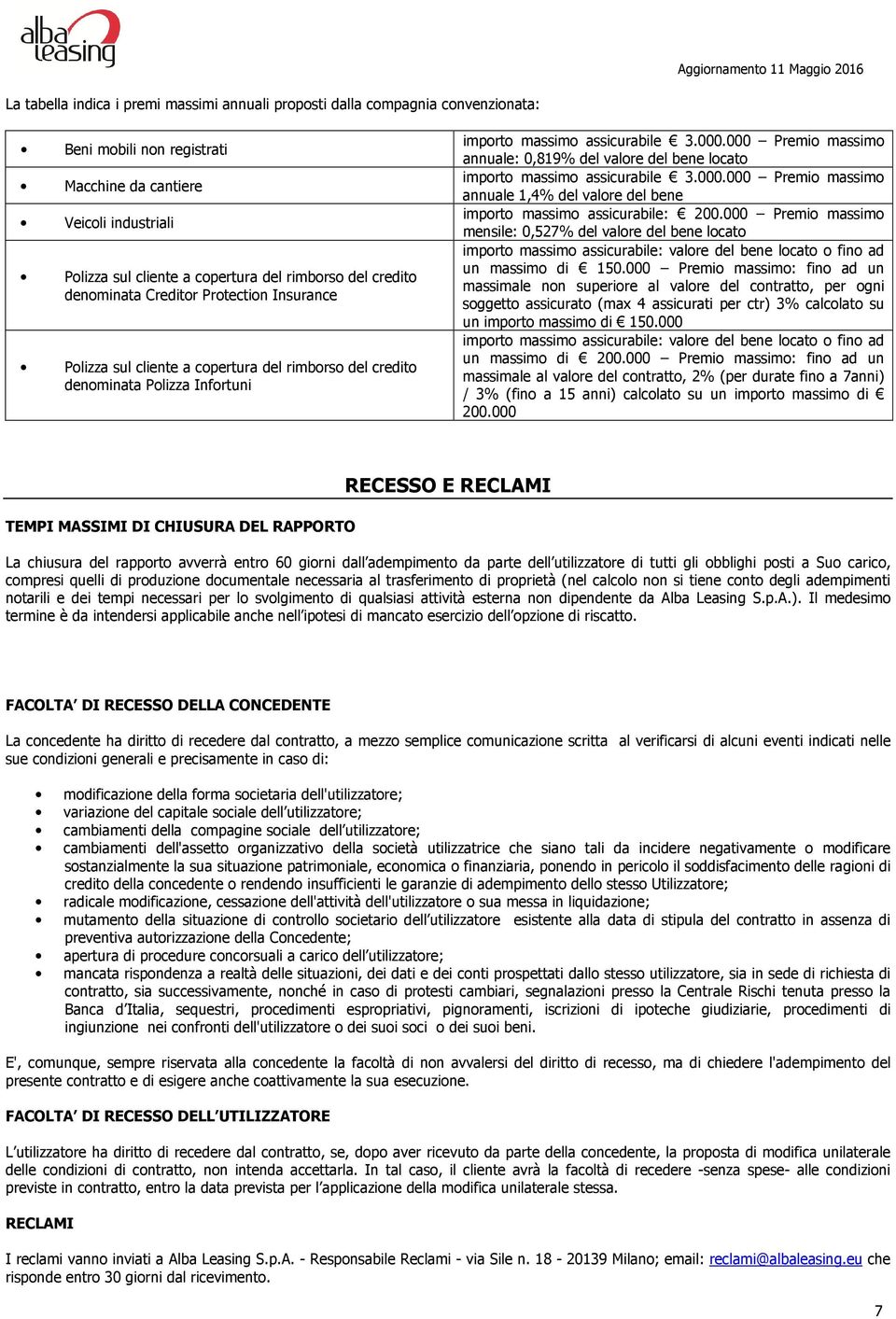 000 Premio massimo annuale: 0,819% del valore del bene locato importo massimo assicurabile 3.000.000 Premio massimo annuale 1,4% del valore del bene importo massimo assicurabile: 200.