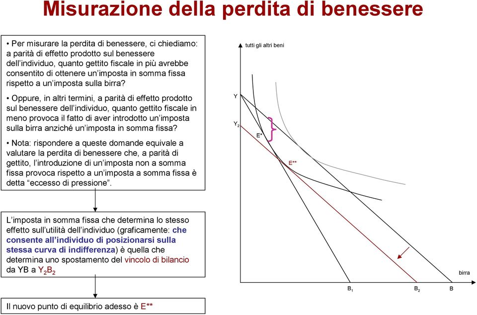 tutti gli altri beni Oppure, in altri termini, a parità di effetto prodotto sul benessere dell individuo, quanto gettito fiscale in meno provoca il fatto di aver introdotto un imposta sulla birra