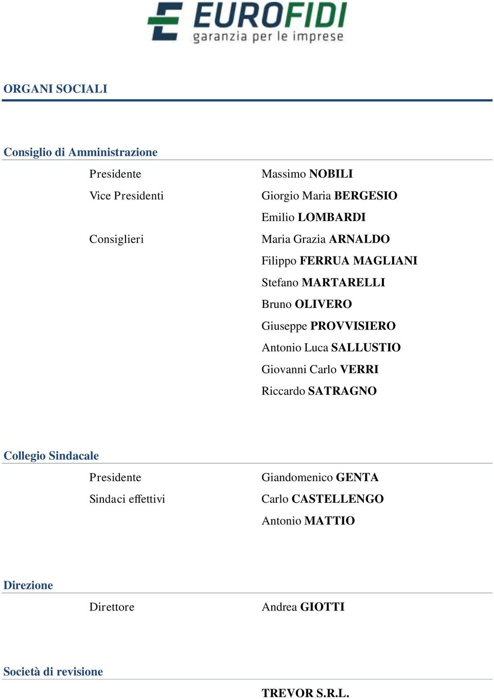 PROVVISIERO Antonio Luca SALLUSTIO Giovanni Carlo VERRI Riccardo SATRAGNO Collegio Sindacale Presidente Sindaci