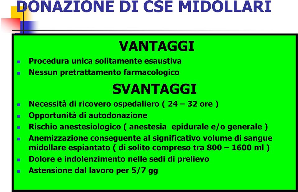 anestesia epidurale e/o generale ) Anemizzazione conseguente al significativo volume di sangue midollare