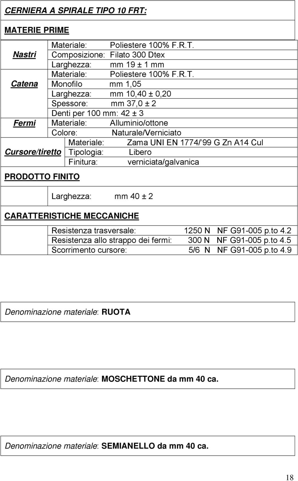 MATERIE PRIME Materiale: Poliestere 100% F.R.T. Nastri Composizione: Filato 300 Dtex Larghezza: mm 19 ± 1 mm Materiale: Poliestere 100% F.R.T. Catena Monofilo mm 1,05 Larghezza: mm 10,40 ± 0,20