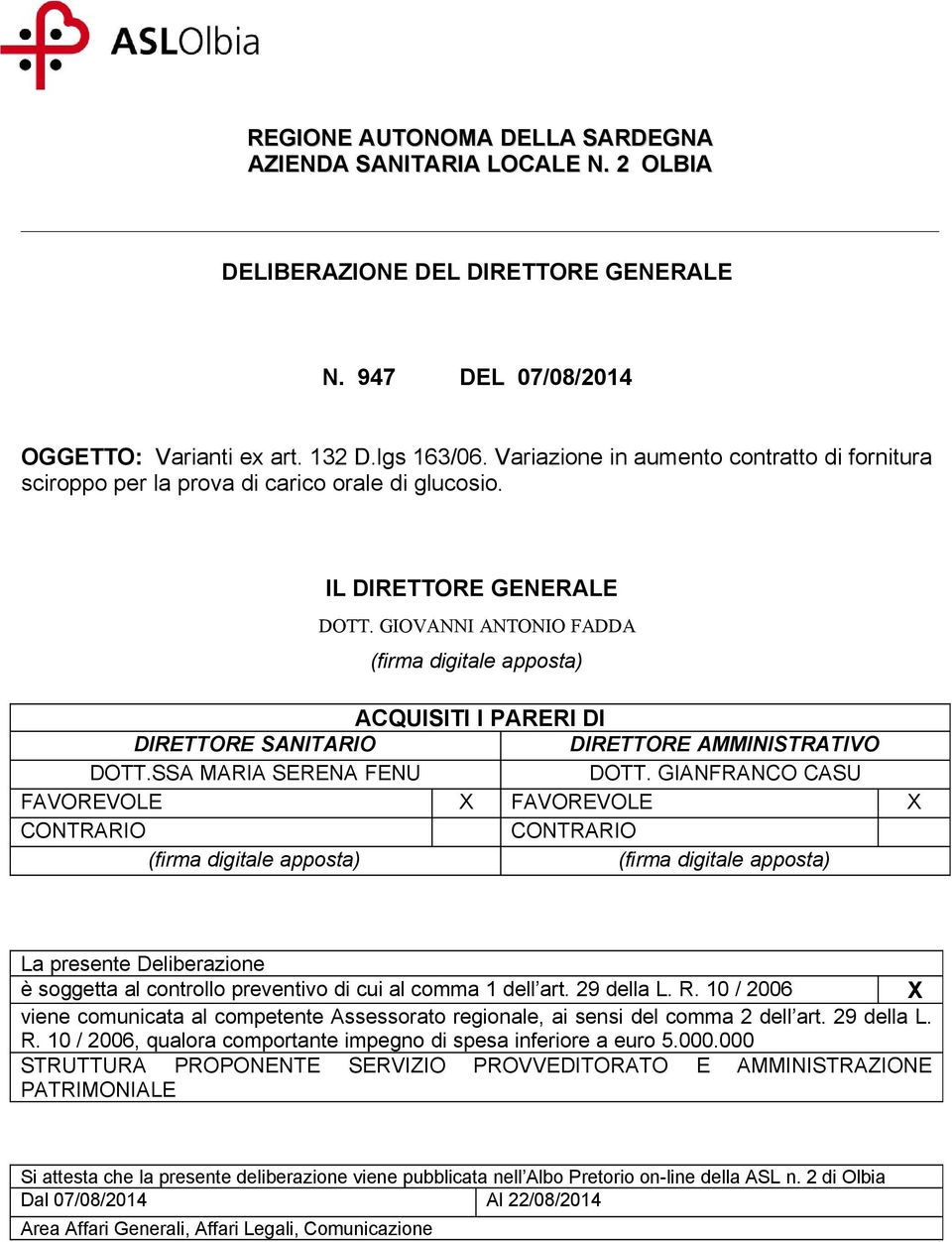 GIOVANNI ANTONIO FADDA (firma digitale apposta) ACQUISITI I PARERI DI DIRETTORE SANITARIO DIRETTORE AMMINISTRATIVO DOTT.SSA MARIA SERENA FENU DOTT.