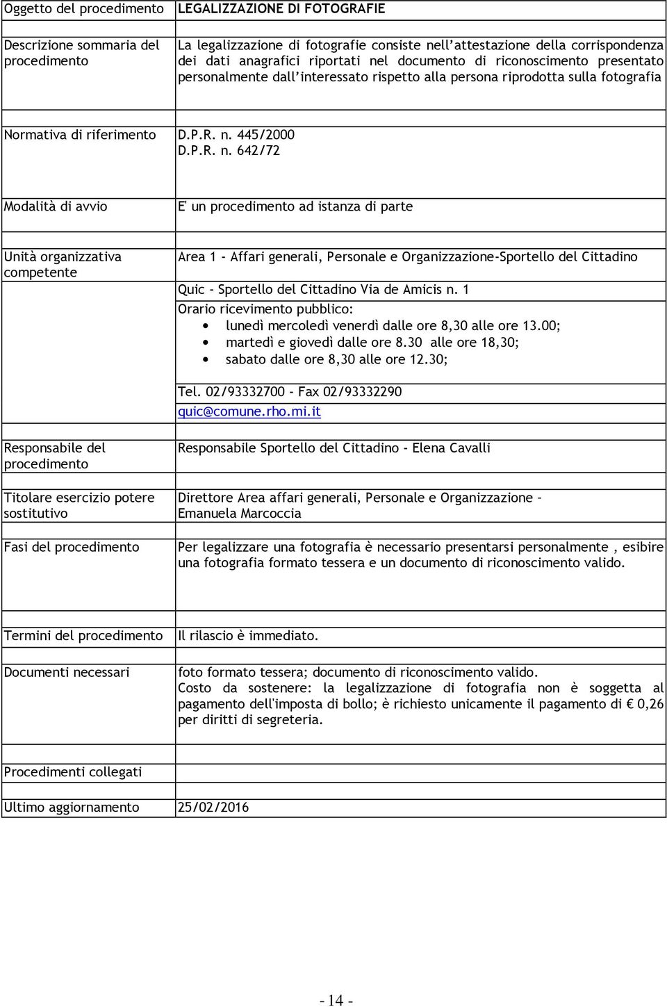 445/2000 D.P.R. n. 642/72 Modalità di avvio E' un ad istanza di parte Area 1 - Affari generali, Personale e Organizzazione-Sportello del Cittadino Quic - Sportello del Cittadino Via de Amicis n.