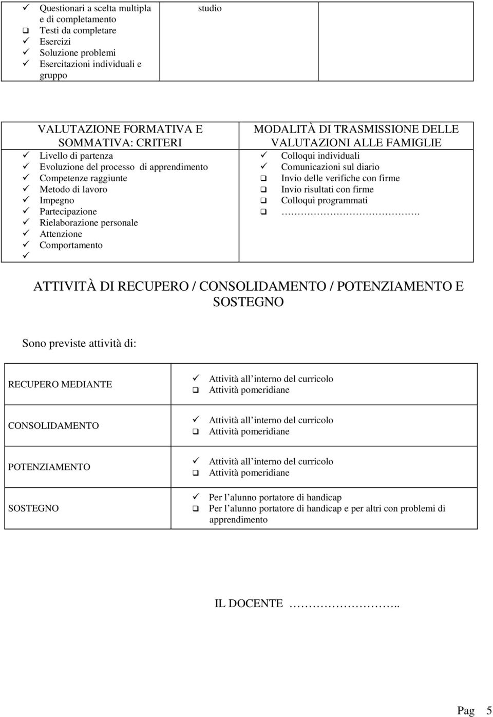 VALUTAZIONI ALLE FAMIGLIE Colloqui individuali Comunicazioni sul diario Invio delle verifiche con firme Invio risultati con firme Colloqui programmati.