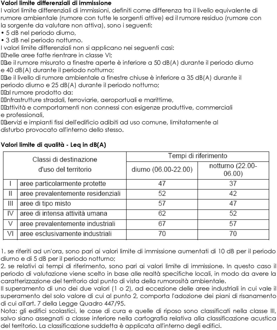 I valori limite differenziali non si applicano nei seguenti casi: nelle aree fatte rientrare in classe VI; se il rumore misurato a finestre aperte è inferiore a 50 db(a) durante il periodo diurno e