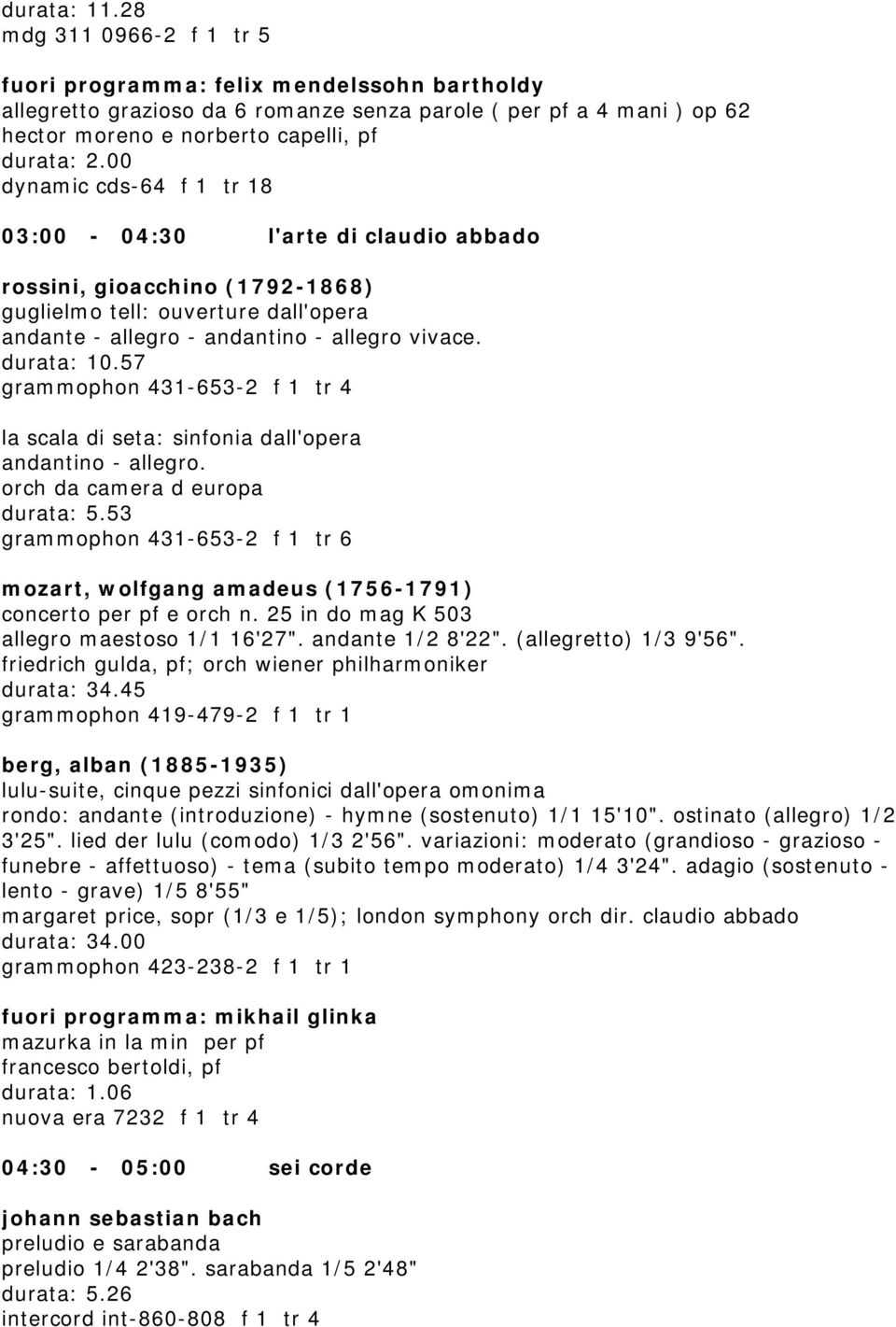 00 dynamic cds-64 f 1 tr 18 03:00-04:30 l'arte di claudio abbado rossini, gioacchino (1792-1868) guglielmo tell: ouverture dall'opera andante - allegro - andantino - allegro vivace. durata: 10.