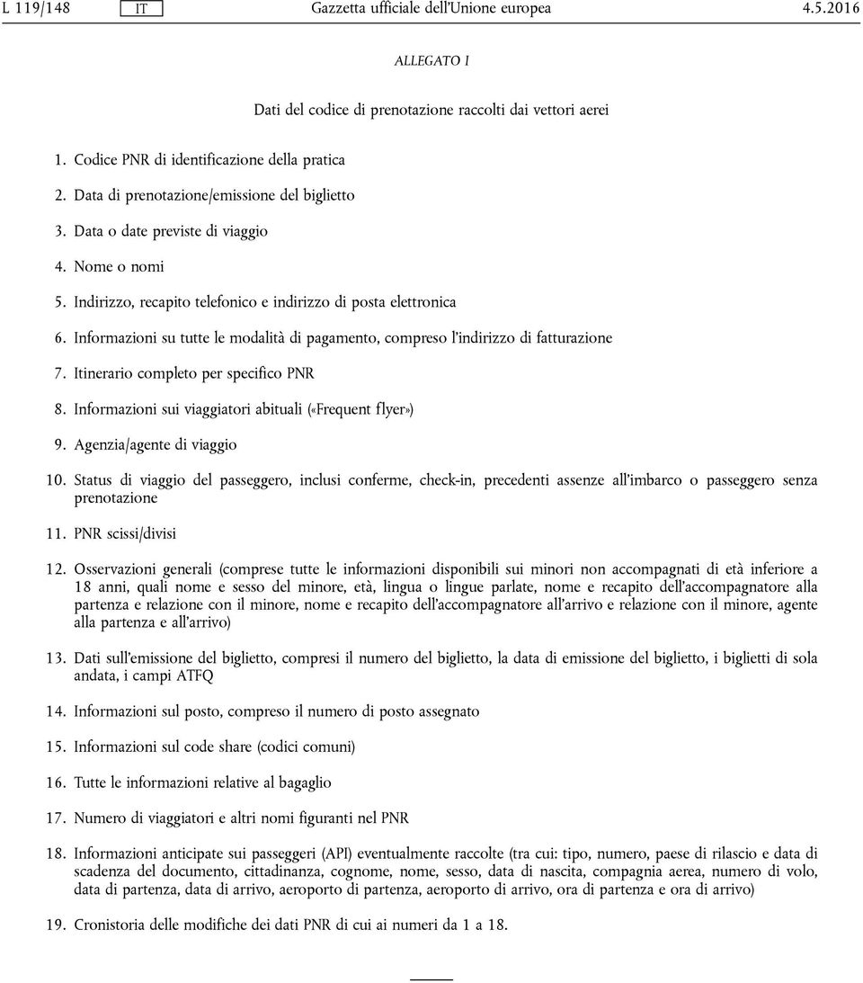 Informazioni su tutte le modalità di pagamento, compreso l'indirizzo di fatturazione 7. Itinerario completo per specifico PNR 8. Informazioni sui viaggiatori abituali («Frequent flyer») 9.