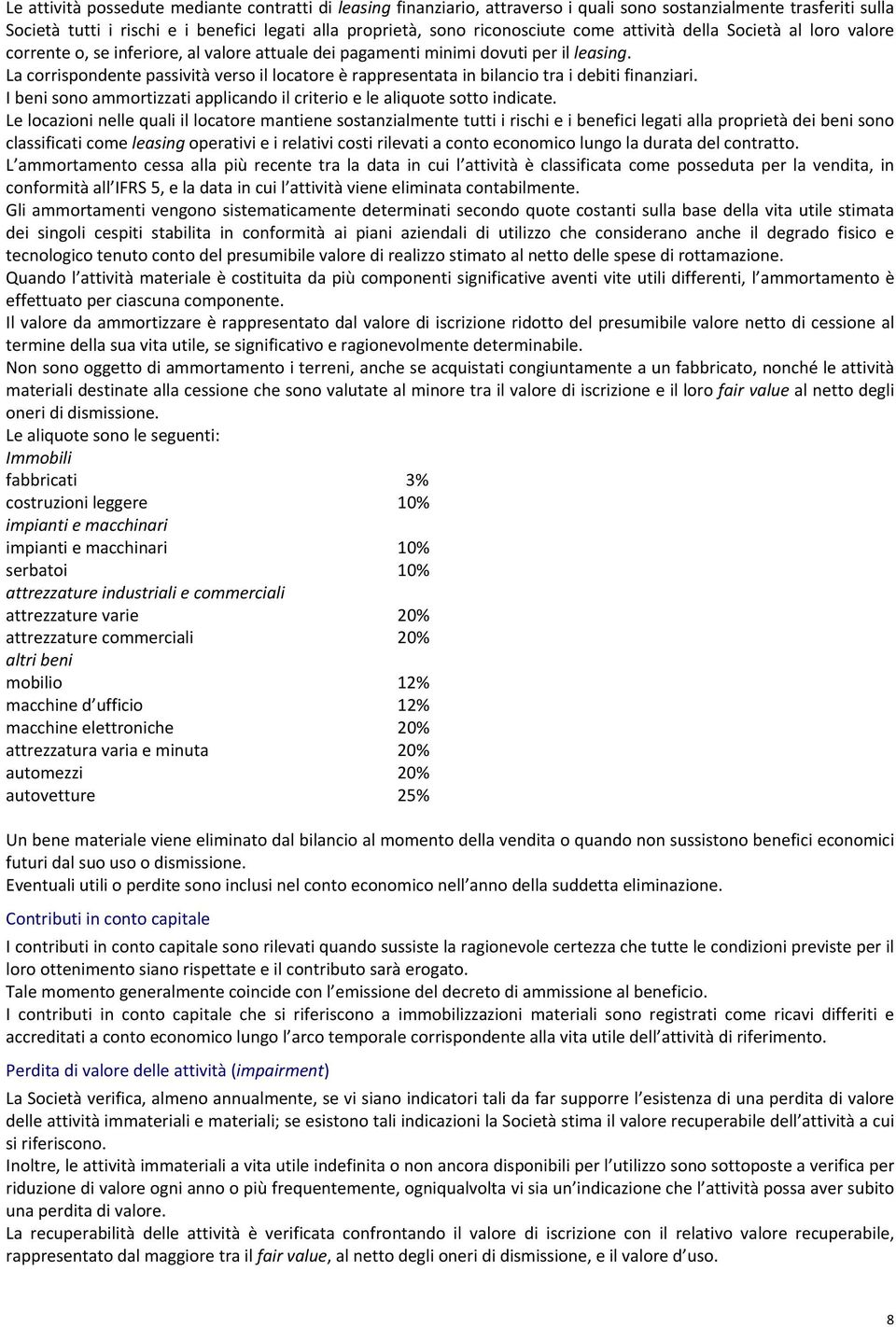 La corrispondente passività verso il locatore è rappresentata in bilancio tra i debiti finanziari. I beni sono ammortizzati applicando il criterio e le aliquote sotto indicate.