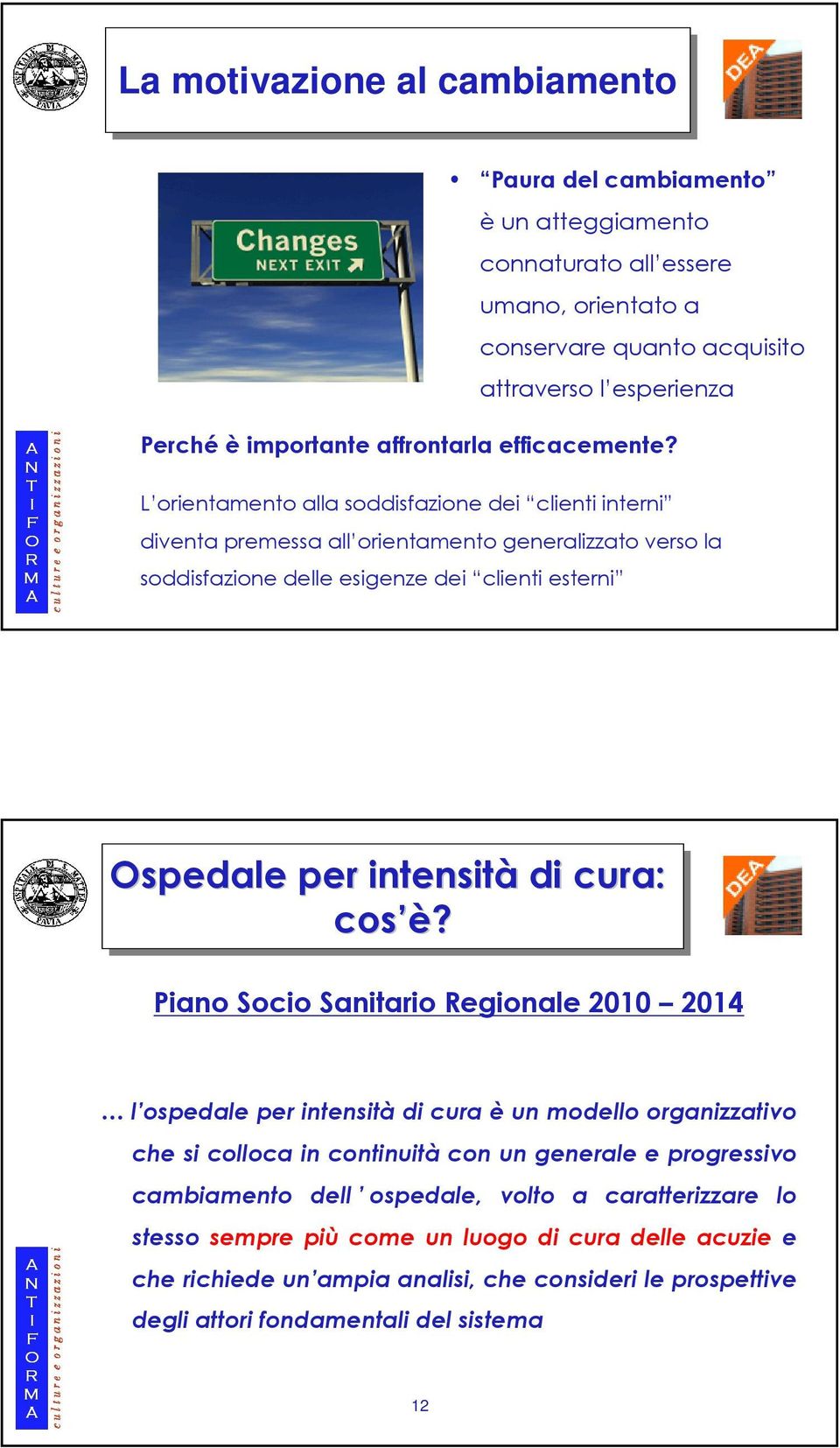 L orientamento alla soddisfazione dei clienti interni diventa premessa all orientamento generalizzato verso la soddisfazione delle esigenze dei clienti esterni 11 Ospedale per intensità di cura: