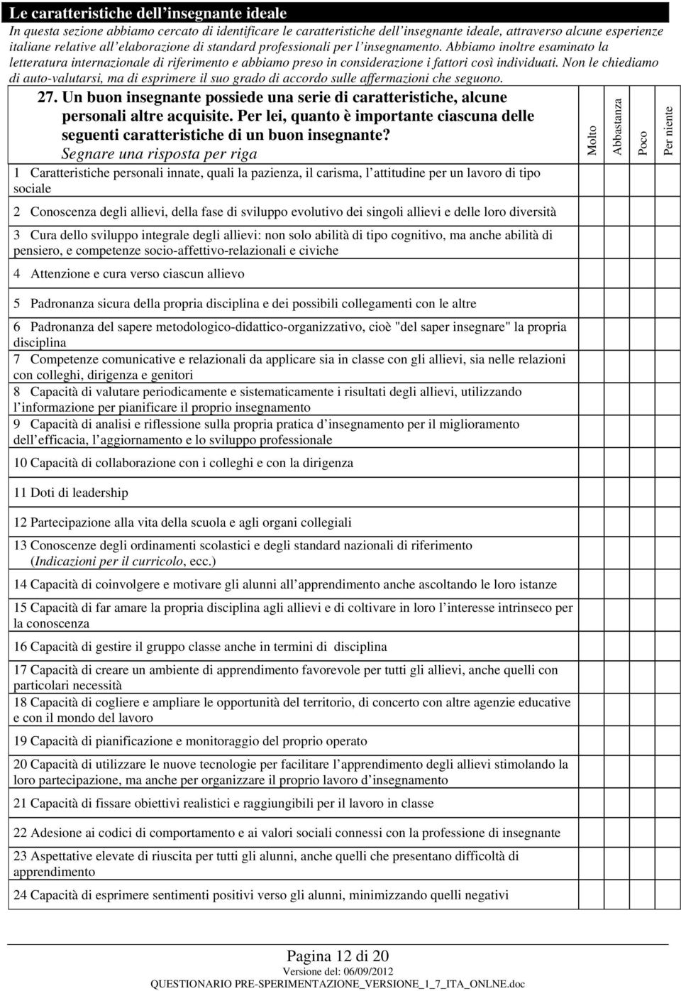 Nn le chiediam di aut-valutarsi, ma di esprimere il su grad di accrd sulle affermazini che segun. 27. Un bun insegnante pssiede una serie di caratteristiche, alcune persnali altre acquisite.