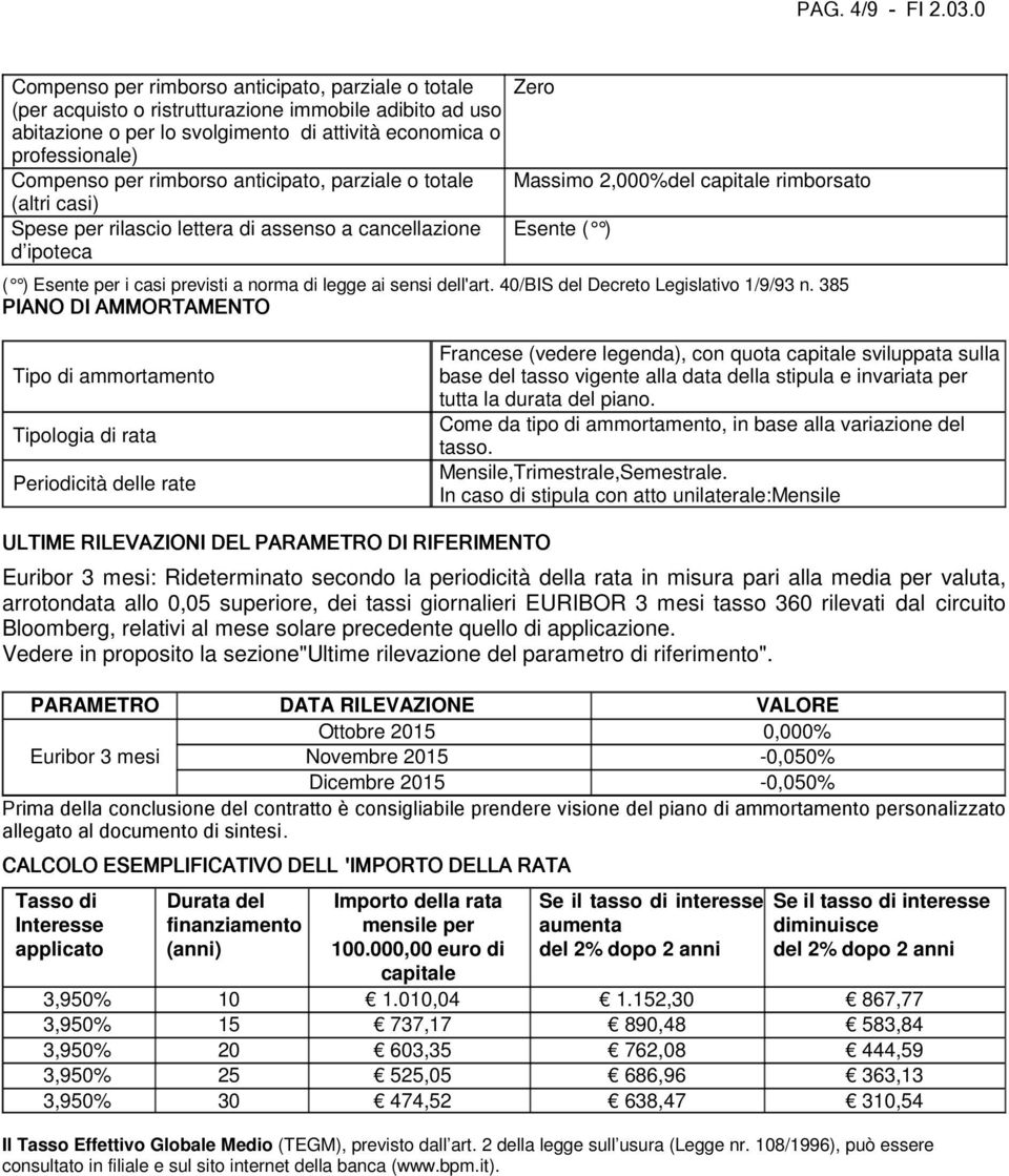 rimborso anticipato, parziale o totale (altri casi) Spese per rilascio lettera di assenso a cancellazione d ipoteca Zero Massimo 2,000%del capitale rimborsato Esente ( ) ( ) Esente per i casi