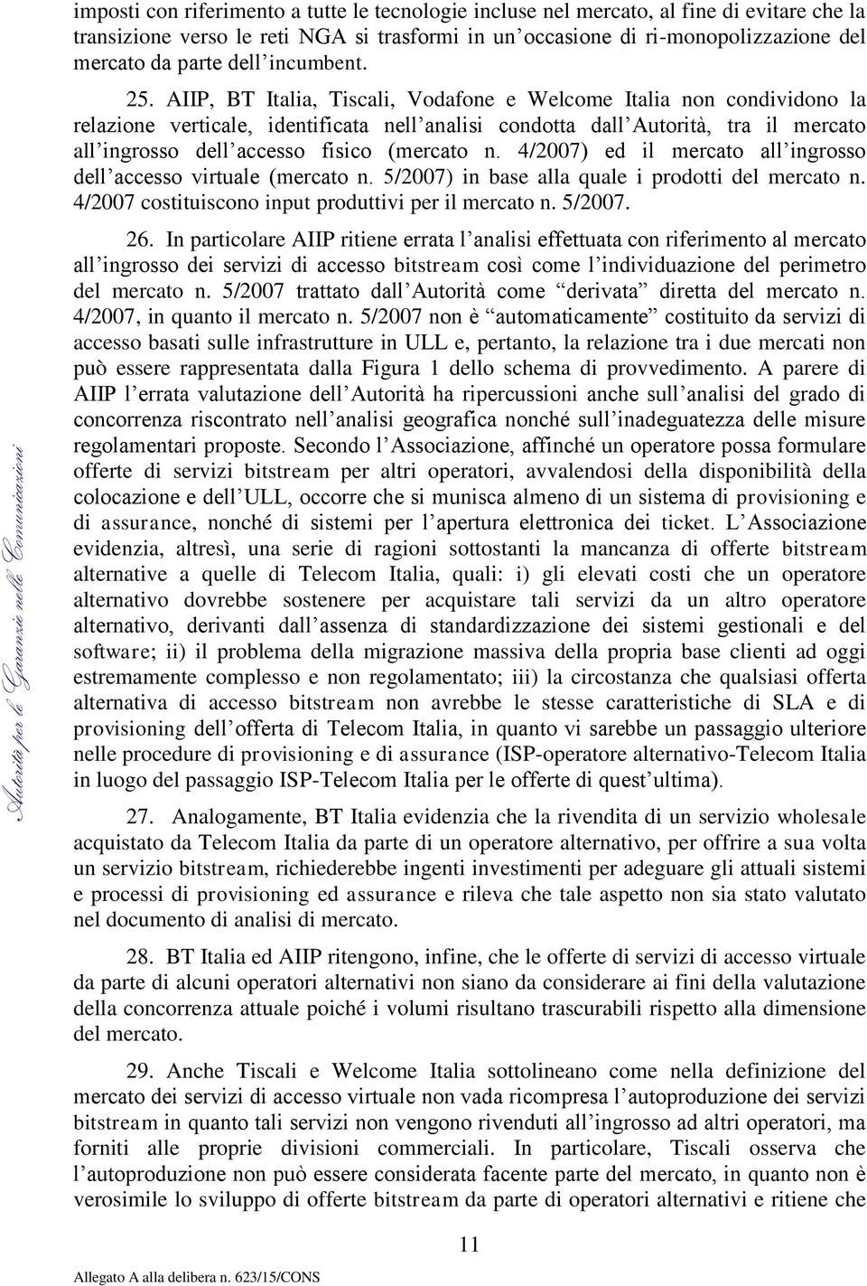 AIIP, BT Italia, Tiscali, Vodafone e Welcome Italia non condividono la relazione verticale, identificata nell analisi condotta dall Autorità, tra il mercato all ingrosso dell accesso fisico (mercato