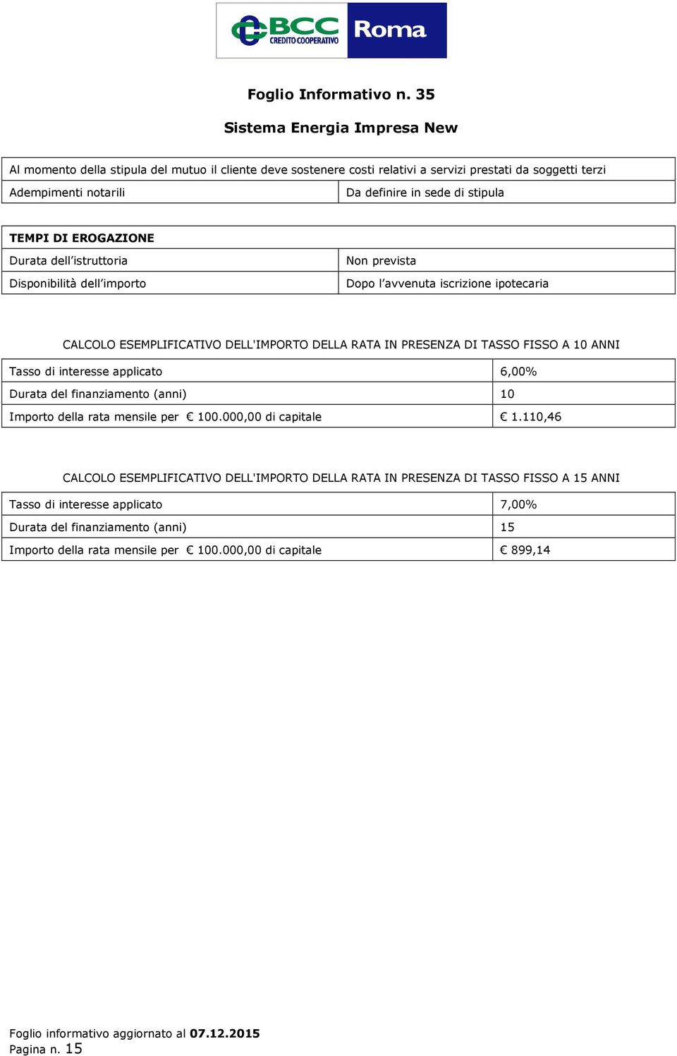 FISSO A 10 ANNI Tasso di interesse applicato 6,00% Durata del finanziamento (anni) 10 Importo della rata mensile per 100.000,00 di capitale 1.