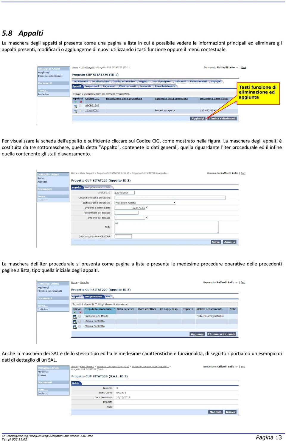 Tasti funzione di eliminazione ed aggiunta Per visualizzare la scheda dell appalto è sufficiente cliccare sul Codice CIG, come mostrato nella figura.