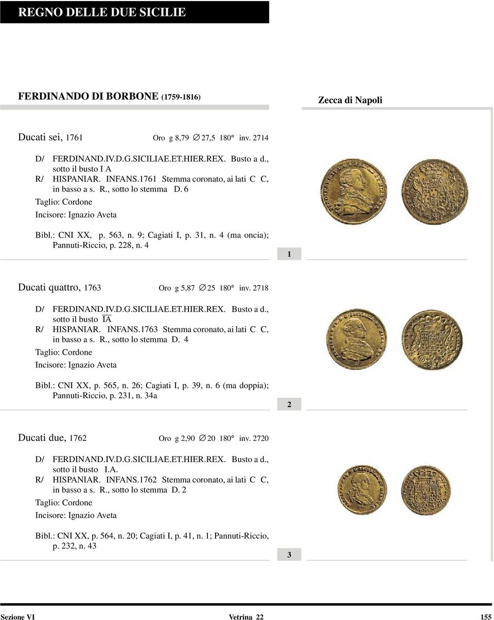 228, n. 4 1 Ducati quattro, 1763 Oro g 5,87 25 180 inv. 2718 D/ FERDINAND.IV.D.G.SICILIAE.ET.HIER.REX. Busto a d., sotto il busto IA R/ HISPANIAR. INFANS.