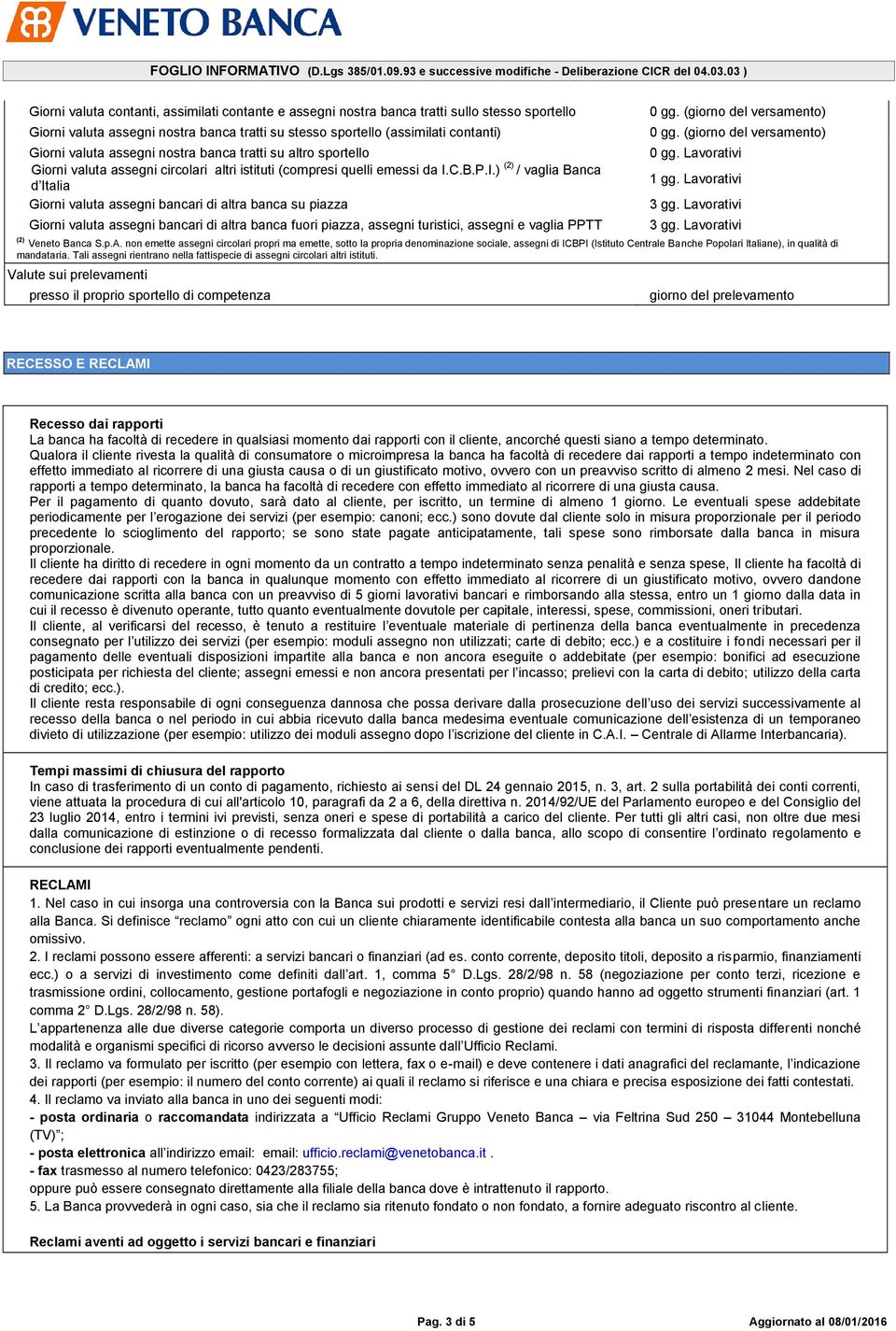 (giorno del versamento) Giorni valuta assegni nostra banca tratti su altro sportello 0 gg. Lavorativi Giorni valuta assegni circolari altri istituti (compresi quelli emessi da I.