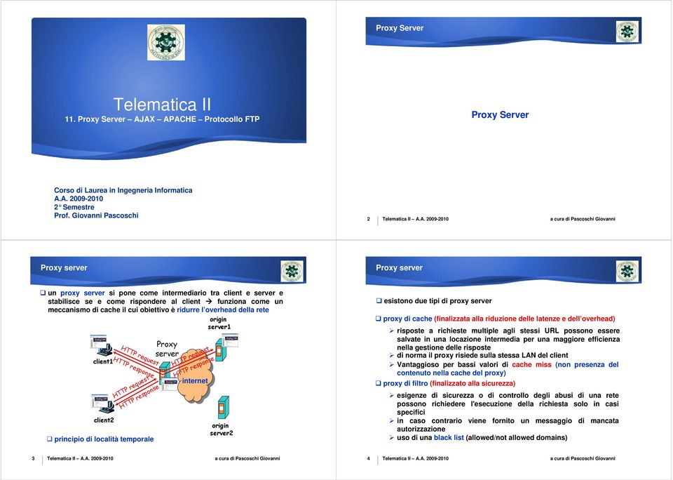 obiettivo è ridurre l overhead della rete origin server1 client1 client2 HTTP request HTTP response HTTP request HTTP response principio di località temporale Proxy server HTTP request HTTP response