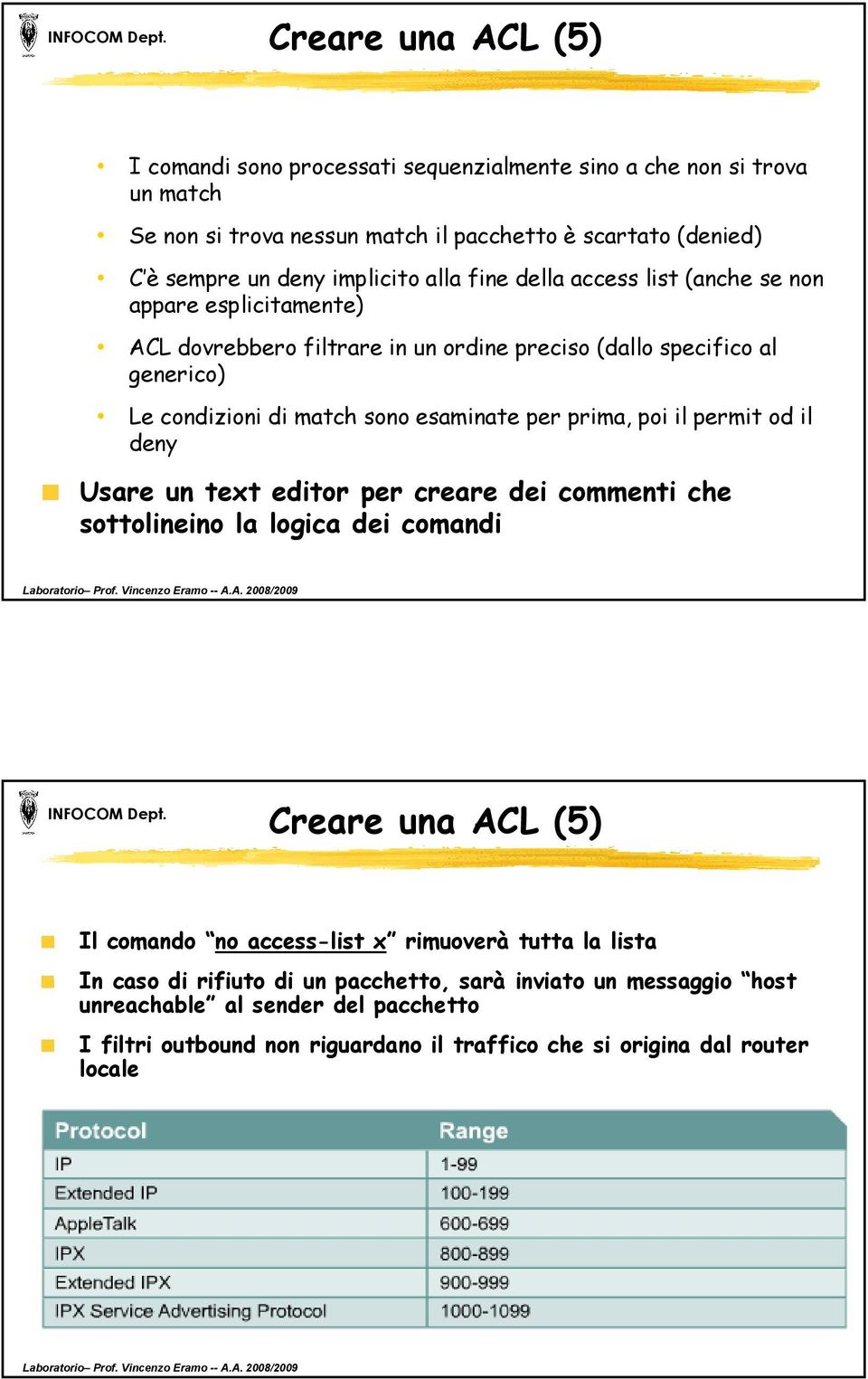 esaminate per prima, poi il permit od il deny Usare un text editor per creare dei commenti che sottolineino la logica dei comandi Creare una ACL (5) Il comando no access-list x