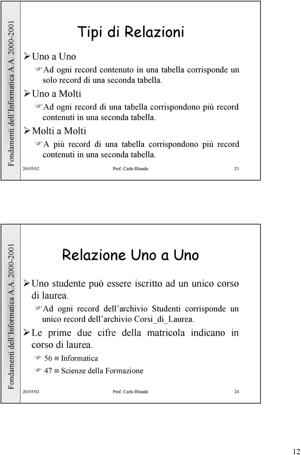 Molti a Molti A più record di una tabella corrispondono più record contenuti in una seconda tabella. 20/05/02 Prof.