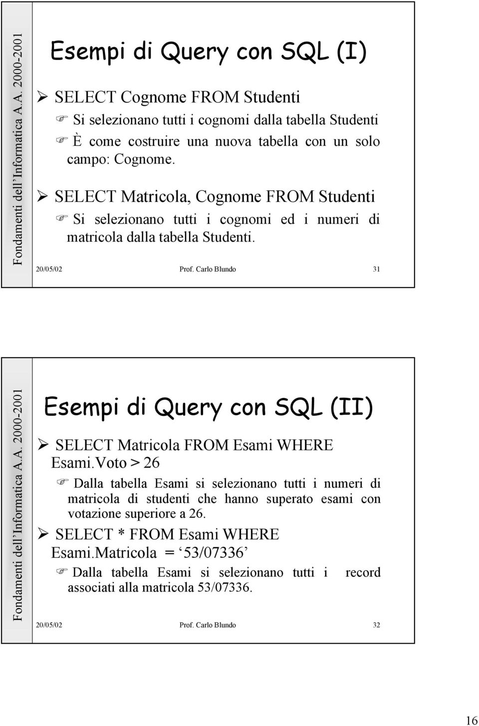 Carlo Blundo 31 Esempi di Query con SQL (II) SELECT Matricola FROM Esami WHERE Esami.