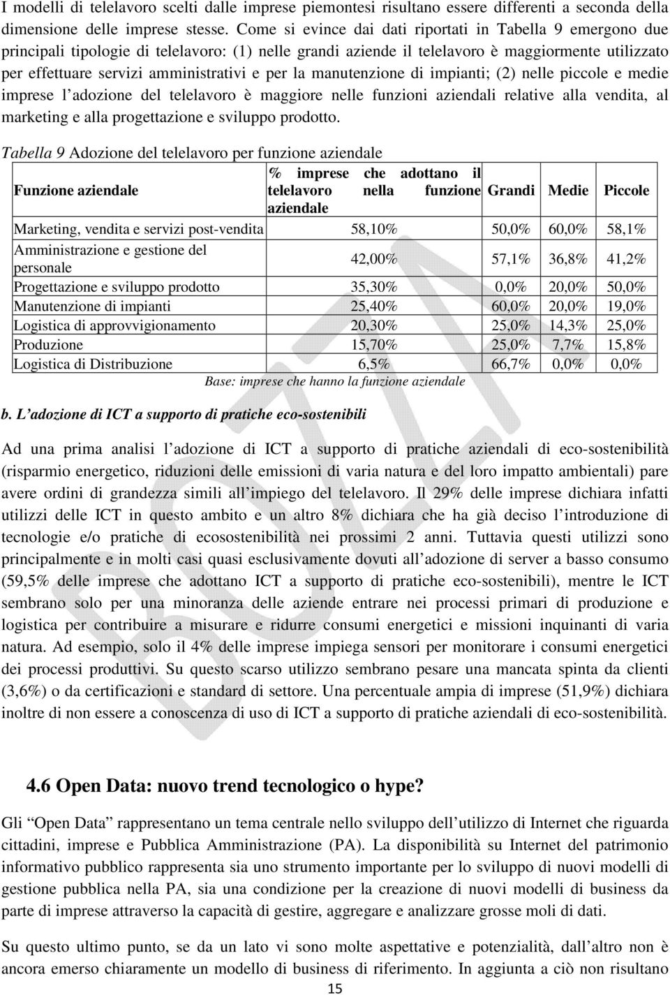 e per la manutenzione di impianti; (2) nelle piccole e medie imprese l adozione del telelavoro è maggiore nelle funzioni aziendali relative alla vendita, al marketing e alla progettazione e sviluppo